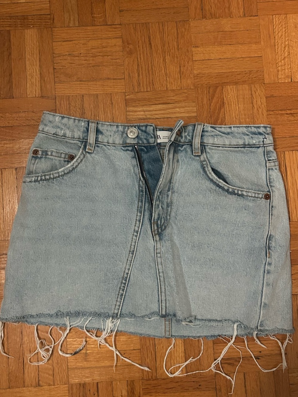 Zara Light Blue Distressed Denim Mini Skirt